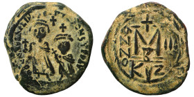 Heraclius, with Heraclius Constantine, 610-641. Follis (bronze, 11.05 g, 31 mm), Cyzicus. Heraclius, on the left, standing facing, wearing crown surmo...