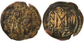 Heraclius, with Heraclius Constantine, 610-641. Follis (bronze, 7.94 g, 30 mm), Cyzicus. Heraclius, on the left, standing facing, wearing crown surmou...