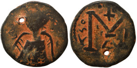 Byzantine follis, circa 6-7th century, crude imitation. Follis (bronze, 4.78 g, 22 mm). Holed, fine.