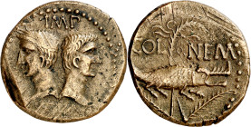 (después 16/15 a.C.). Agripa y Augusto. Galia. Nemausus. Dupondio. (Spink 1729) (Co. 7) (RIC. 155). 11,15 g. MBC+.