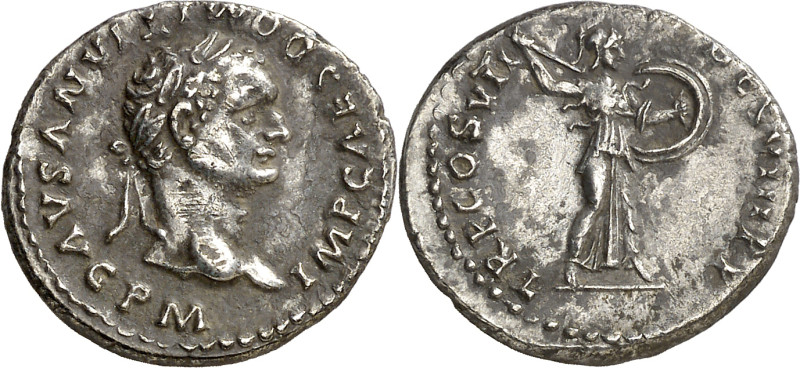 (81 d.C.). Domiciano. Denario. (Spink 2746 var) (S. 560) (RIC. 28). 3,25 g. MBC+...