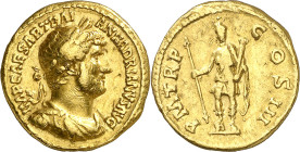 (120-121 d.C.). Adriano. Áureo. (Spink falta) (Co. 1146) (RIC. 326) (Calicó 1339). 7,16 g. MBC+.
