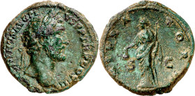 (143-144 d.C.). Antonino pío. As. (Spink falta) (Co. 446) (RIC. 728). Pátina verde. 9,85 g. MBC+.