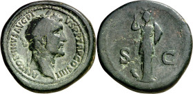 (145-161 d.C.). Antonino pío. As. (Spink falta) (Co. 746) (RIC. 826 var). Pátina verde. 16,80 g. MBC.