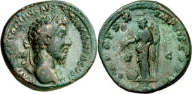 (165-166 d.C.). Marco Aurelio. Sestercio. (Spink falta) (Co. 805) (RIC. 923). Pátina verde. 29,30 g. MBC-.