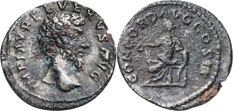 (161 d.C.). Lucio Vero. Denario forrado. (Spink 5348 var) (S. 19) (RIC. 446). 3 ...