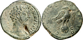 (180 d.C.). Marco Aurelio. Sestercio. (Spink 5982) (Co. 89) (RIC. 654, Cómodo). Defecto de cospel. 20,28 g. (MBC-).