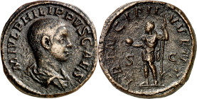 (245-246 d.C.). Filipo II. Sestercio. (Spink 9249) (Co. 49) (RIC. 256a). 21 g. MBC+.