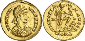(402-403 d.C.). Honorio. Mediolanum. Sólido. (Spink 20916) (Co. 44) (RIC. 1206a). Sirvió como joya. 4,39 g. (MBC+).
