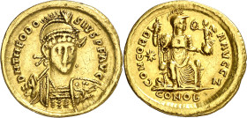 (408-420 d.C.). Teodosio II. Constantinopla. Sólido. (Spink 21127) (Ratto falta) (RIC. 202). Rayitas. 4,30 g. (MBC+).
