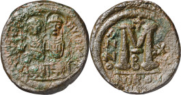 (574-575). Justino II y Sofía. Nicomedia. Follis. (Ratto 858) (S. 369). 13,16 g. BC+/MBC-.