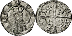 Pere III (1336-1387). Barcelona. Diner. (Cru.V.S 418.3) (Cru.C.G. 2231b). U gótica. Vellón rico. Ex M. Sisó 02/06/1988. 1,06 g. MBC+.