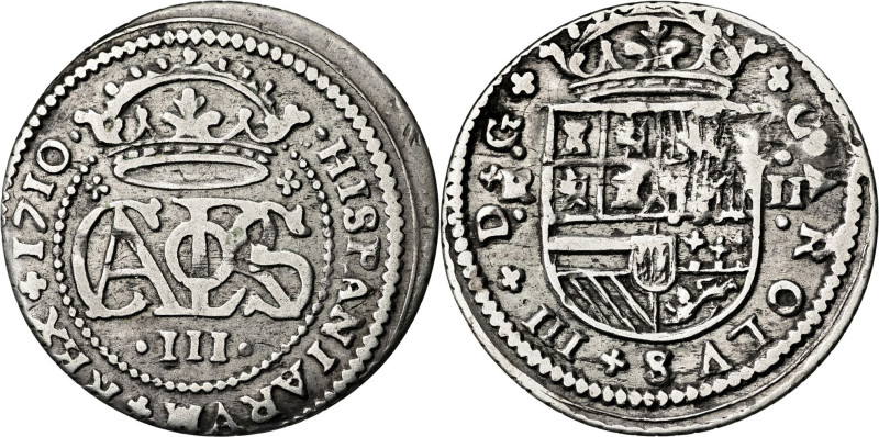 1710. Carlos III, Pretendiente. Barcelona. 2 reales. (AC. 31). 4,92 g. BC+.