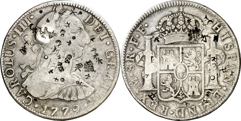 1779. Carlos III. México. FF. 8 reales. (AC. 1118). Resellos orientales. 26,57 g...