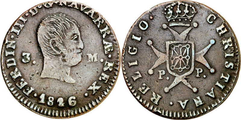 1826. Fernando VII. Pamplona. 3 maravedís. (AC. 49). Escasa. 5,86 g. MBC-/MBC.