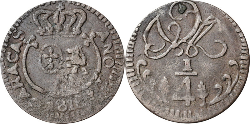 1818. Fernando VII. Caracas. 1/4 de real. (AC. 68). CU. 1,89 g. MBC-.