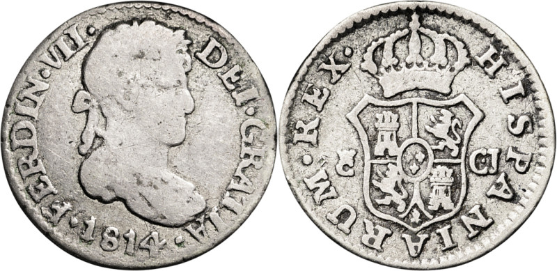 1814. Fernando VII. Cádiz. CJ. 1/2 real. (AC. 313). Escasa. 1,51 g. BC+/MBC-.