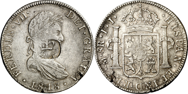 1818. Fernando VII. México. JJ. 8 reales. Contramarca GR bajo corona en óvalo in...