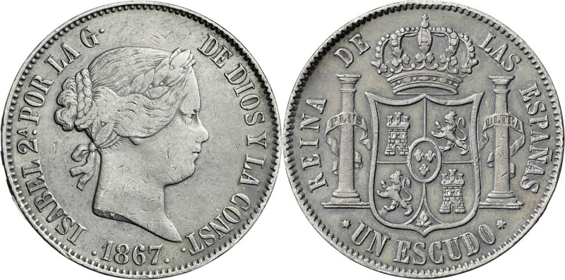 1867. Isabel II. Madrid. 1 escudo. (AC. 565). 12,92 g. MBC-/MBC.