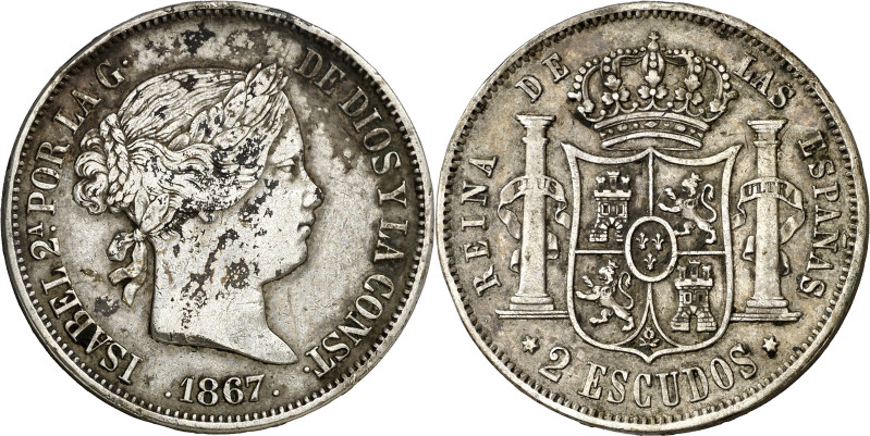 1867. Isabel II. Madrid. 2 escudos. (AC. 647). Manchitas. 25,83 g. MBC-/MBC.