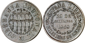 1868. Gobierno Provisional. Segovia. 25 milésimas de escudo. (AC. 3). Escasa. 6,29 g. MBC.