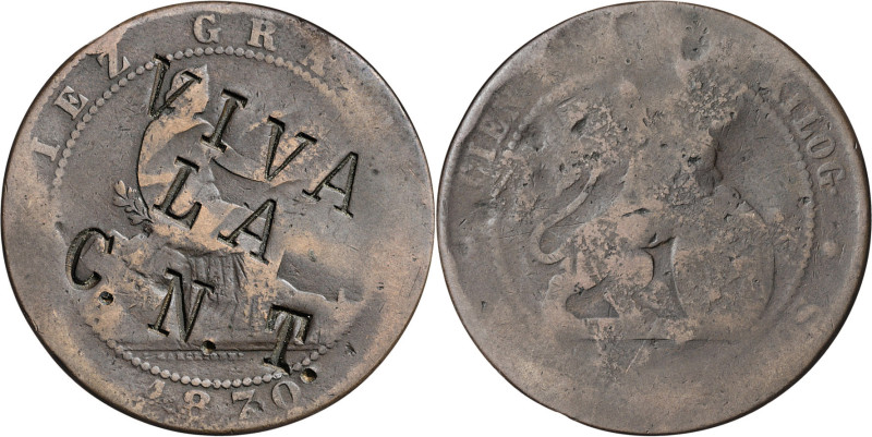 1870. Gobierno Provisional. Barcelona. OM. 10 céntimos. Contramarca: VIVA LA C.N...
