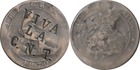 1870. Gobierno Provisional. Barcelona. OM. 10 céntimos. Contramarca: VIVA LA C.N.T. 9,26 g. BC-.
