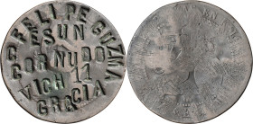 (1870). Gobierno Provisional. Barcelona. OM. 10 céntimos. Contramarca FELIPE GUZMA ES UN CORNUDO VICH 11 GRACIA. 9,43 g. BC.