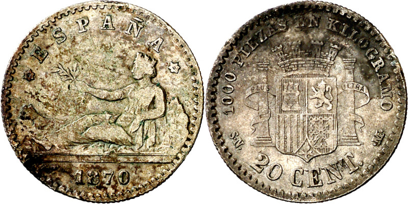 1870*70. Gobierno Provisional. SNM. 20 céntimos. (AC. 12). Golpecitos. Escasa. 0...