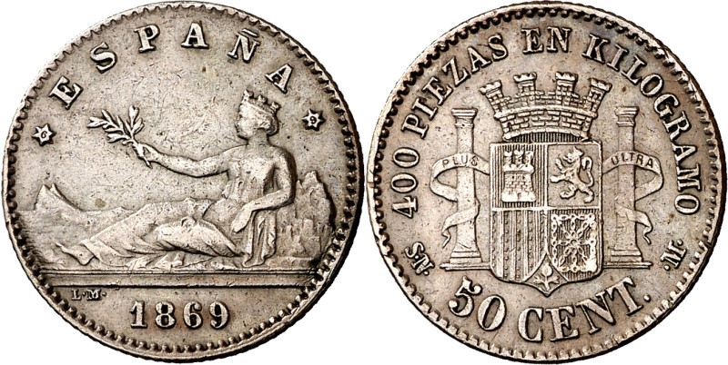 1869*69. Gobierno Provisional. SNM. 50 céntimos. (AC. 13). Golpecito. 2,45 g. MB...