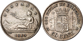 1869*69. Gobierno Provisional. SNM. 50 céntimos. (AC. 13). Golpecito. 2,45 g. MBC-/MBC.