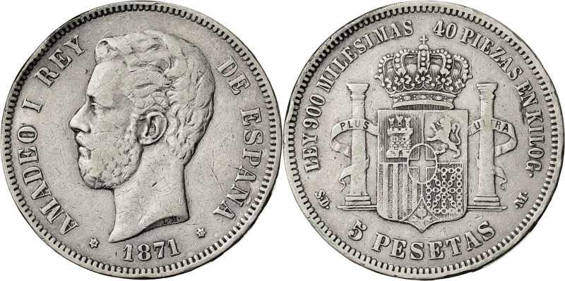 1871*1871. Amadeo I. SDM. 5 pesetas. (AC. 1). 24,76 g. BC+.
