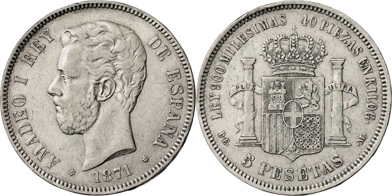 1871*1874. Amadeo I. DEM. 5 pesetas. (AC. 5). 24,89 g. MBC-.
