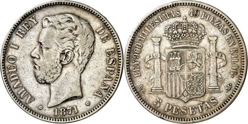 1871*1818. Amadeo I. DEM. 5 pesetas. (AC. 6). Escasa. 24,57 g. BC+/MBC-.