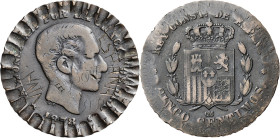 1878. Alfonso XII. Barcelona. OM. 5 céntimos. Gráfila manipulada en anverso, detrás VIVA ESPAÑA, SI SI Y NO. 4,84 g. (BC).