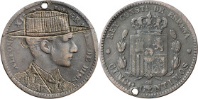 (1877-79). Alfonso XII. Barcelona. OM. 5 céntimos. Rey con sombrero y camisa cordobesa. Perforación. Escasa. 4,85 g. MBC-.