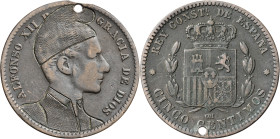 (1877-79). Alfonso XII. Barcelona. OM. 5 céntimos. Rey con barretina y camisa catalanas. Perforación. Escasa. 4,97 g. MBC-.