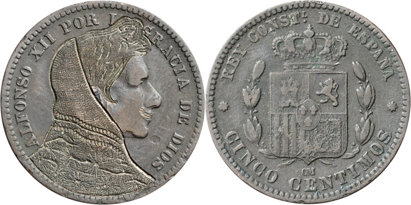 (1877-79). Alfonso XII. Barcelona. OM. 5 céntimos. Rey con yelmo y cota de malla...