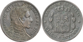 (1877-79). Alfonso XII. Barcelona. OM. 5 céntimos. Rey con yelmo y cota de malla. Escasa. 4,81 g. MBC-.