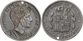 (1877-79). Alfonso XII. Barcelona. OM. 5 céntimos. El rey con casco y cota de malla medieval. Perforación. Escasa. 5 g. MBC+.