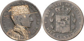 1878. Alfonso XII. Barcelona. OM. 10 céntimos. El rey con sombrero y camisa cordobesa. 9,59 g. BC+.