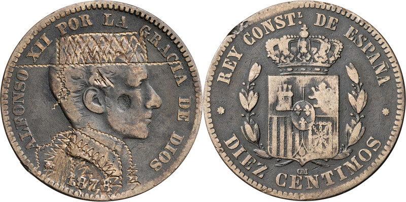 1878. Alfonso XII. Barcelona. OM. 10 céntimos. El rey con sombrero y chaqueta co...