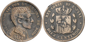 1878. Alfonso XII. Barcelona. OM. 10 céntimos. El rey con sombrero y chaqueta cordobesa. 9,73 g. BC+.