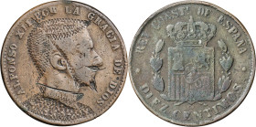 (1877-79). Alfonso XII. Barcelona. OM. 10 céntimos. Rey con cota de malla, cuello, barba y perilla. 9,59 g. BC+.
