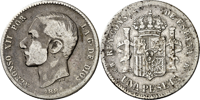 1884*----. Alfonso XII. MSM. 1 peseta. (AC. 23). Rara. 4,85 g. BC+.