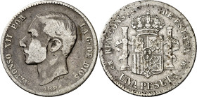 1884*----. Alfonso XII. MSM. 1 peseta. (AC. 23). Rara. 4,85 g. BC+.