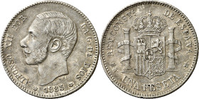 1885*1886. Alfonso XII. MSM. 1 peseta. (AC. 24). Leves rayitas. Bonita pátina. Escasa así. 4,93 g. EBC-.