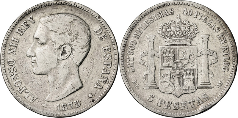1875*----. Alfonso XII. DEM. 5 pesetas. (AC. 35). Golpecitos. 24,49 g. BC+.