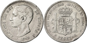 1875*----. Alfonso XII. DEM. 5 pesetas. (AC. 35). Golpecitos. 24,49 g. BC+.