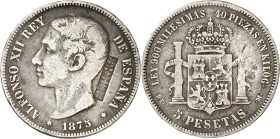 1875*----. Alfonso XII. 5 pesetas. Contramarca "MATIAS LOPEZ C'. ANCHA CADIZ". Rara. 24,34 g. BC+.